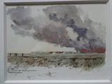 une photo d'un tableau représentant un train qui arrive sur les rails