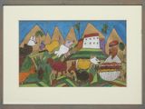 painting of a group of people in a village with a dog and a cat