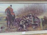 a picture of a painting of a man on a horse with dogs