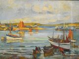 a painting of a harbor scene with boats in the water