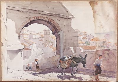a painting of a man riding a donkey in front of a building