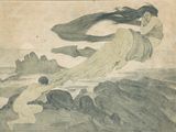 un dessin représentant une femme survolant une étendue d'eau