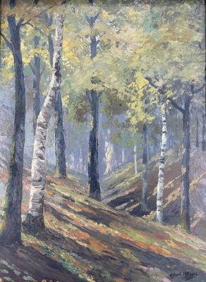 an oil painting of a forest scene with a path through the trees