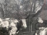 a drawing of a woman and a cow in a field