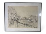 drawing of a bridge over a river with trees in the foreground