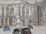 a painting of a horse drawn carriage on a city street