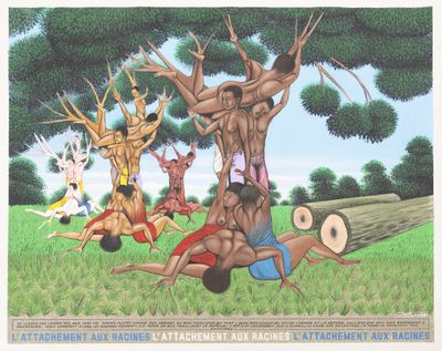 a painting of a group of people hanging from a tree
