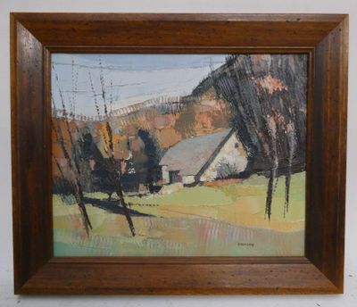 une peinture à l'huile d'une scène de ferme dans un cadre en bois