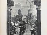 an old black and white drawing of a man being taken from a building