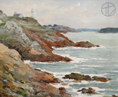 une peinture à l'huile représentant un phare situé sur une falaise rocheuse au bord de l'océan