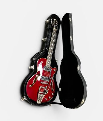 guitar case with a red electric guitar and a black electric guitar