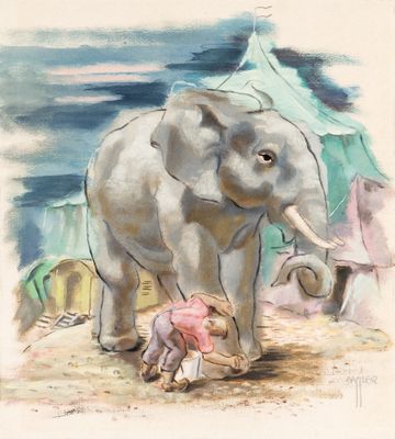 tableau représentant un éléphant debout à côté d'une petite fille devant une tente