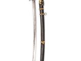 an old sword with a wooden handle and brass fittings