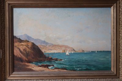 an oil painting of a beach scene with a sailboat in the water