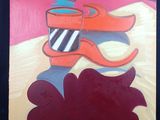 tableau représentant une paire de chaussures rouges et une tasse de café posées sur une table
