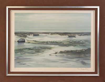 tableau représentant une scène de plage avec de petits bateaux dans l'eau