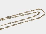 a gold necklace with a long chain that has an oval design on it