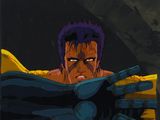 cellule d'animation représentant un homme aux cheveux violets et aux gants noirs tenant une banane