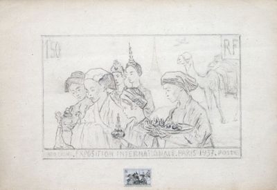 un vieux dessin représentant un groupe de personnes assises autour d'une table