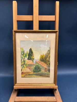 an oil painting of a wooden easel with a painting on it