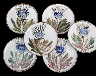 six plates with flowers painted on them on a black background