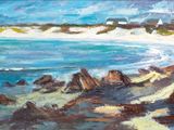 an oil painting of a beach scene with rocks and a body of water