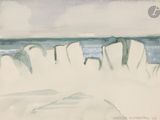 une aquarelle représentant une scène de plage avec des rochers et de l'eau