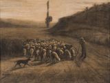 painting of a herd of sheep being herded by a man with a dog