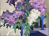 painting of purple and white flowers in a vase on a table