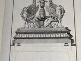 an old book with a drawing of a statue on it