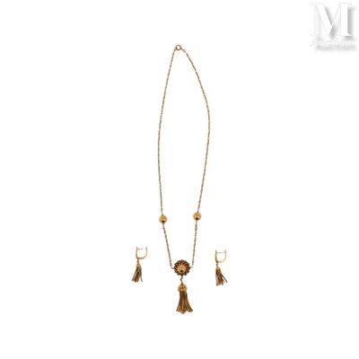 un collier et des boucles d'oreilles en or ornés de pompons, sur fond blanc