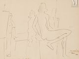 dessin représentant une femme assise sur un tabouret devant un miroir