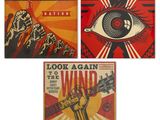 trois affiches représentant différents styles musicaux, avec une main tenant une guitare