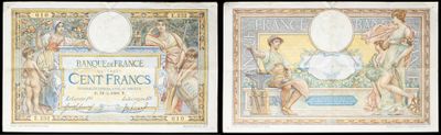 two pictures of a series of three different colored bank notes