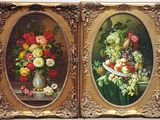 painting of a still life of flowers and fruit in a gold frame