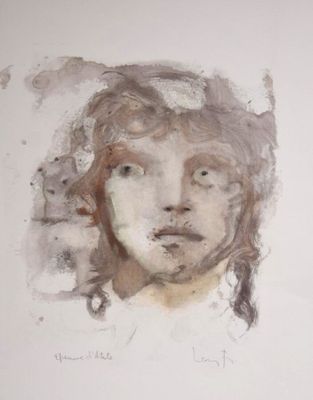 painting of a woman ' s face with long hair and a white background