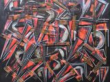 painting of a black and red abstract painting on a black background
