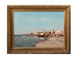 une peinture à l'huile d'une scène de plage avec des bateaux dans l'eau
