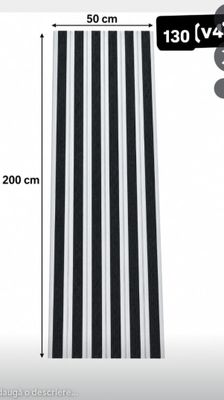 black and white striped shower curtain with measurements for the width of the curtain