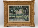 an image of a painting of a house in the woods
