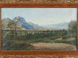 a painting of a landscape with mountains in the background
