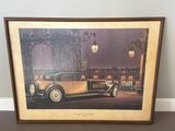 a painting of an old car parked in front of a building