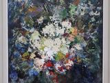 an oil painting of a vase of flowers in a white frame