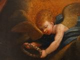 painting of an angel sleeping on a couch with a rosary in his hand
