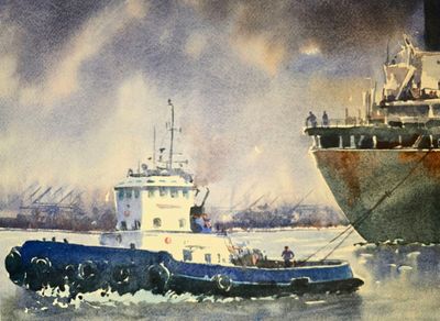 une peinture représentant un remorqueur et un grand navire sur l'eau
