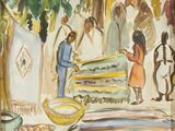 an image of a watercolor painting of people in a courtyard