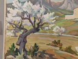 an oil painting of a tree in a field with mountains in the background