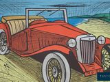 drawing of an old red car on the beach with a blue sky in the background