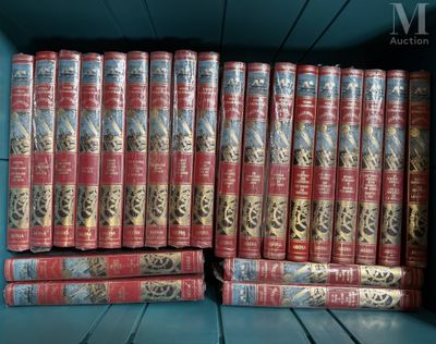several books are stacked on a shelf in a bookcase