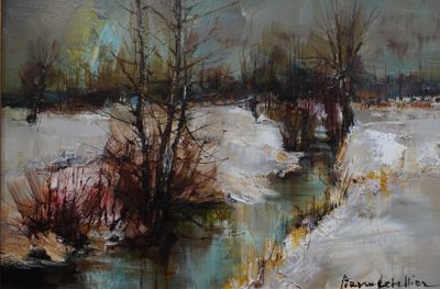 an oil painting of a river in a snowy landscape with trees